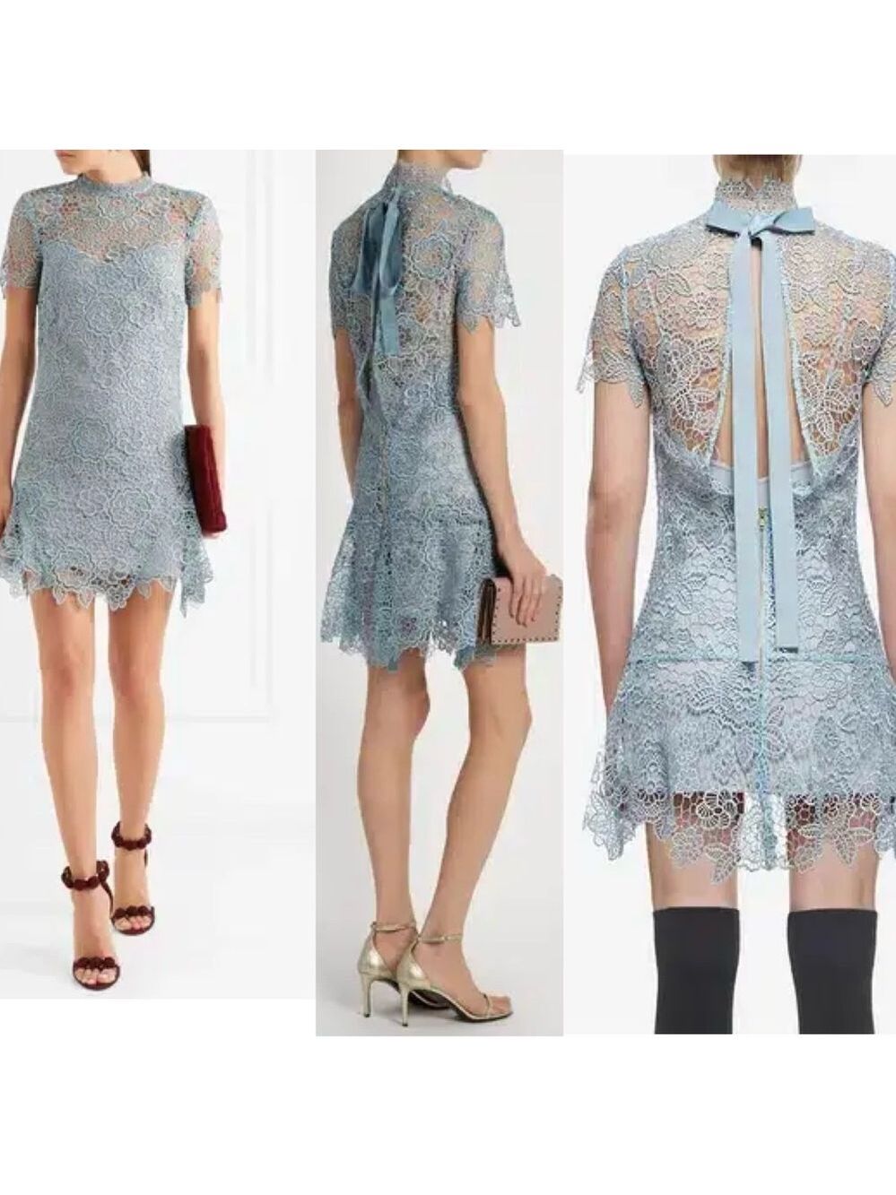 SELF PORTRAIT PEEP BACK FLORAL LACE MINI DRESS LIGHT BLUE 4 - Picture 3 of 15